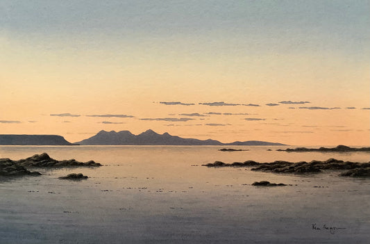 Surreal landscape with mountains, water, and sky at sunset.