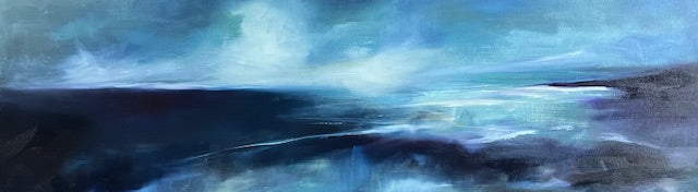 Abstract painting of a landscape with blue and gray tones