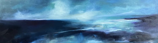 Abstract painting of a landscape with blue and gray tones