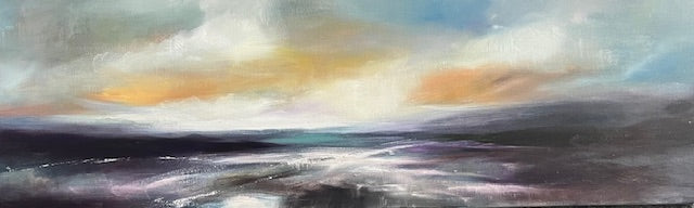Artistic depiction of a landscape with clouds and water