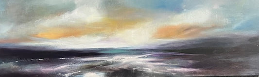 Artistic depiction of a landscape with clouds and water