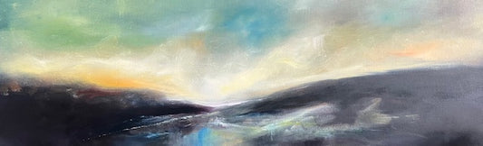 Abstract landscape painting with a river and mountains