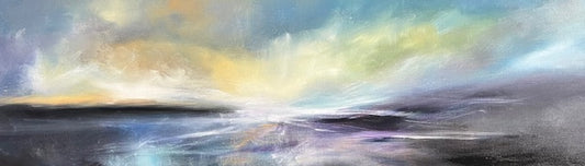 Abstract painting of a landscape with a sky filled with clouds and water at the bottom.