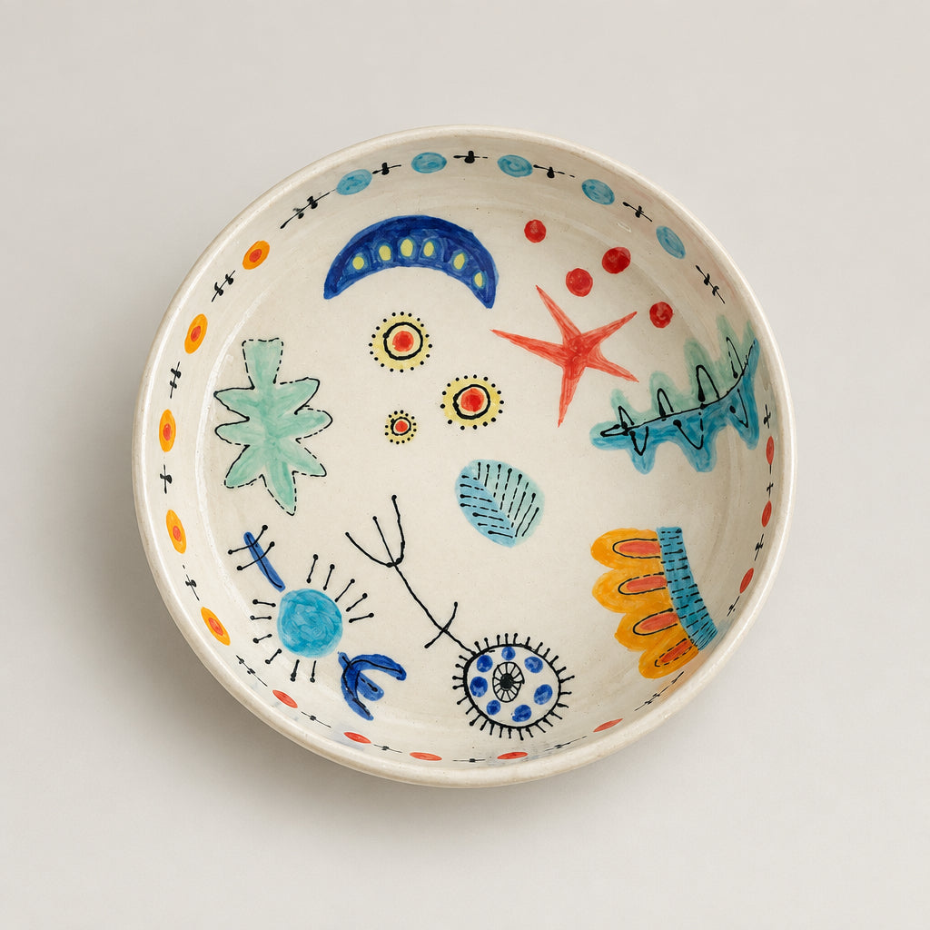 A handmade ceramic bowl with a white base decorated with colorful abstract hand-painted motifs, displayed on a white wall with an exhibition label card in front of it.