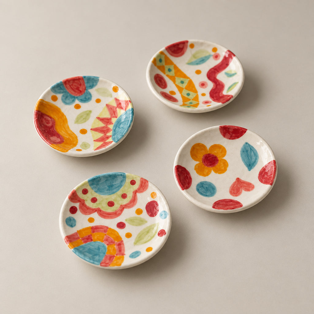 Four small white ceramic bowls with colorful hand-painted patterns, arranged on a white shelf.