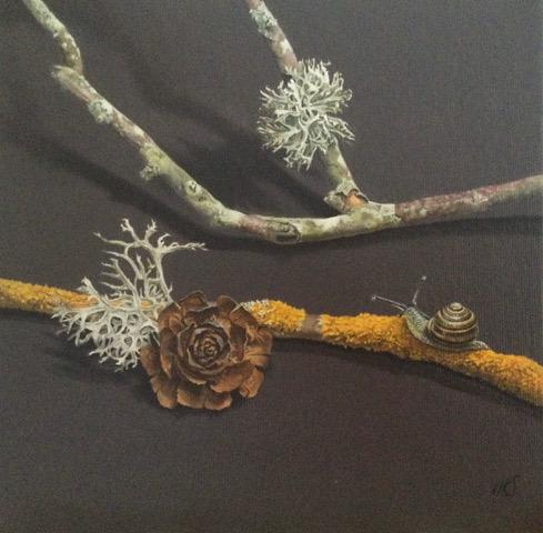 Artistic depiction of a snail on a branch with lichen and a pine cone against a dark background.