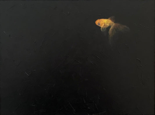 Framed artwork of a goldfish in a dark background