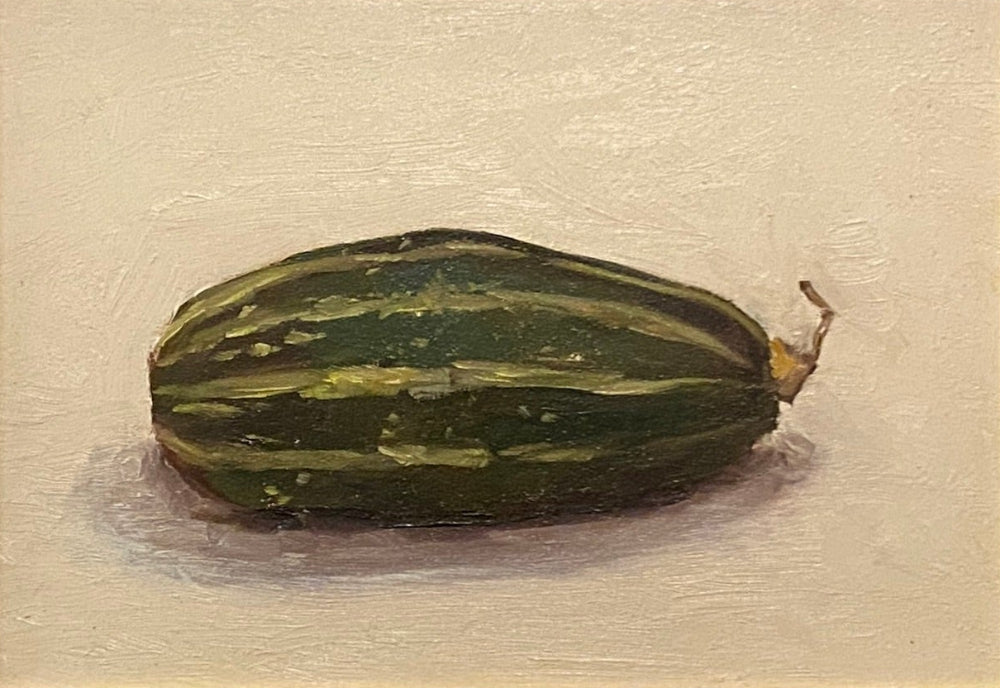 Still life painting of a zucchini or gourd on a beige background