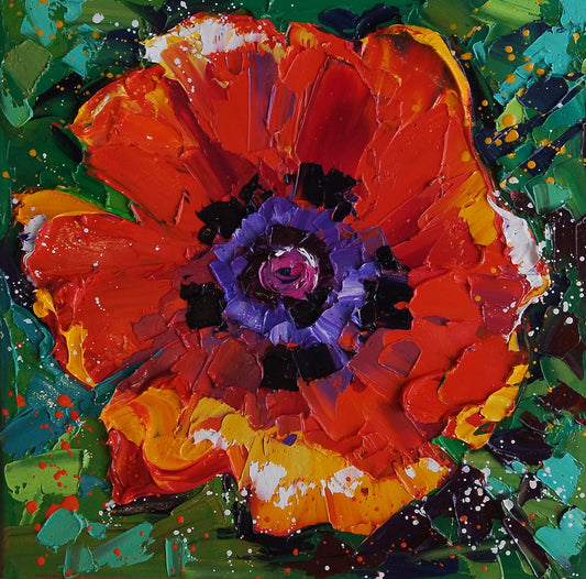 an impasto painting of a red poppy head against a textured green background