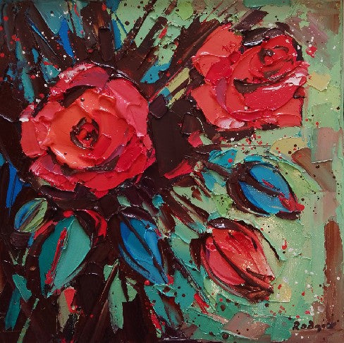 Abstract painting of red roses with splashes of blue and green.