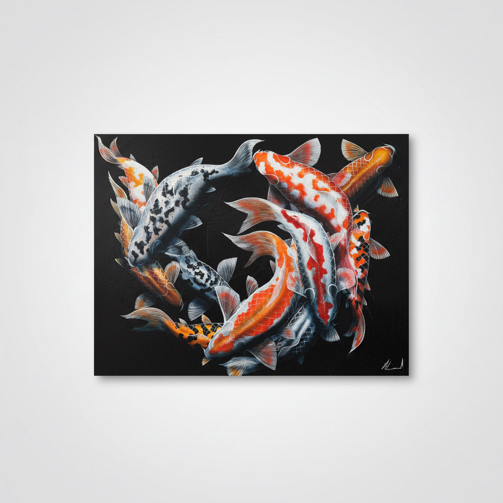 Artistic depiction of koi fish on a dark background