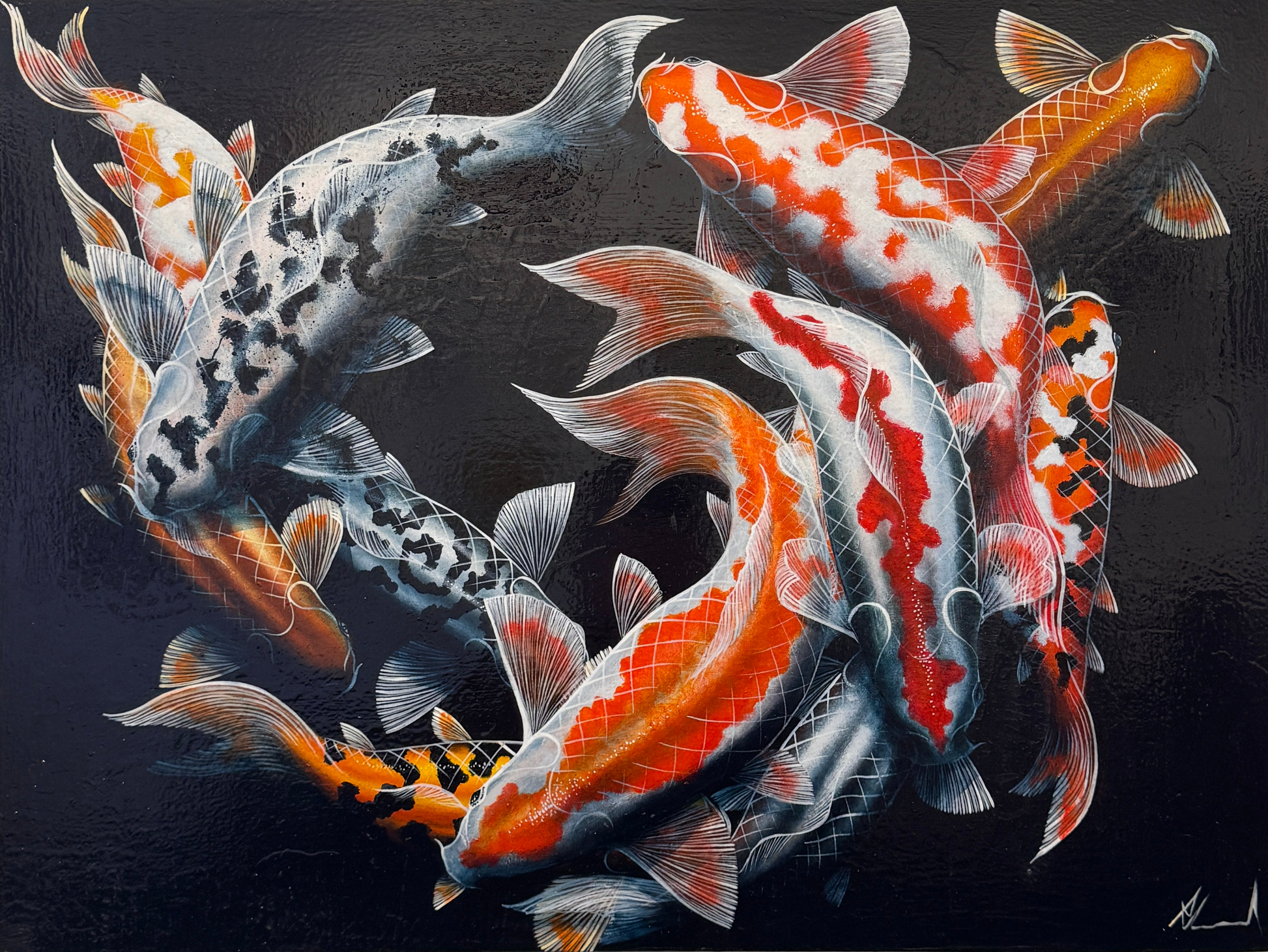 Artistic depiction of koi fish on a dark background