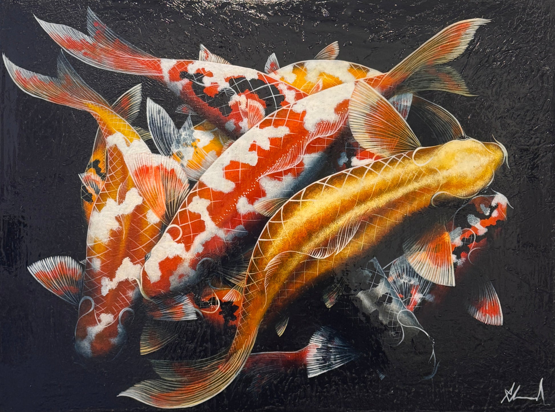 Canvas print of Koi fish on a black background