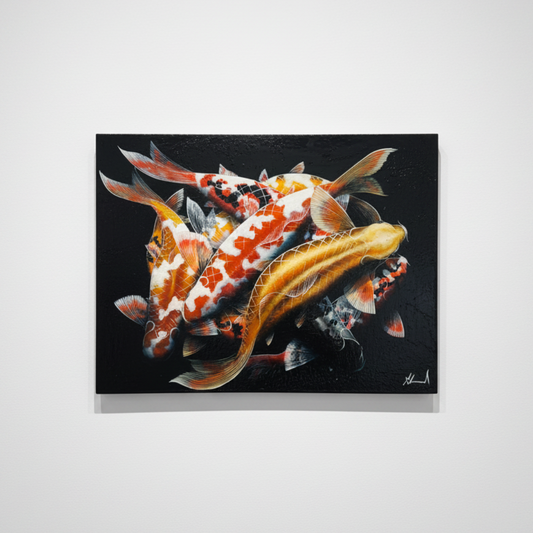 Canvas print of Koi fish on a black background