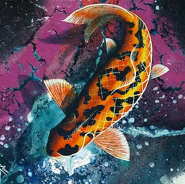 Colorful koi fish in water with a vibrant purple and blue background