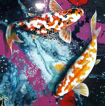 Colorful Koi fish painting with abstract background