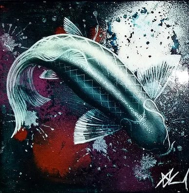 Abstract artwork of a fish with artistic elements on a dark background
