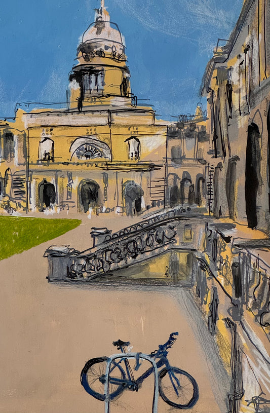 Artistic depiction of n Edinburgh University building with a bicycle in the foreground