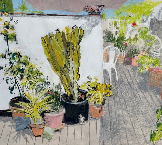 Illustration of a garden with potted plants on a wooden deck