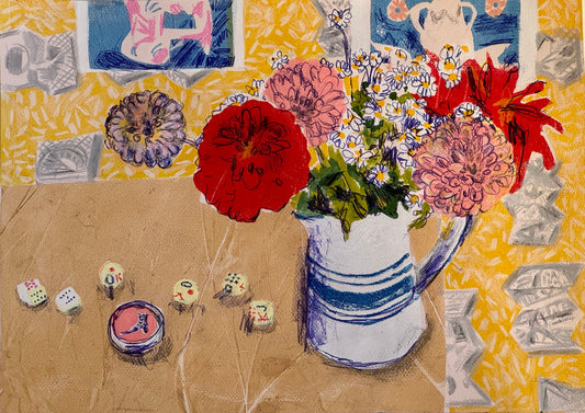 Still life with flowers in a pitcher on a textured surface with abstract patterns