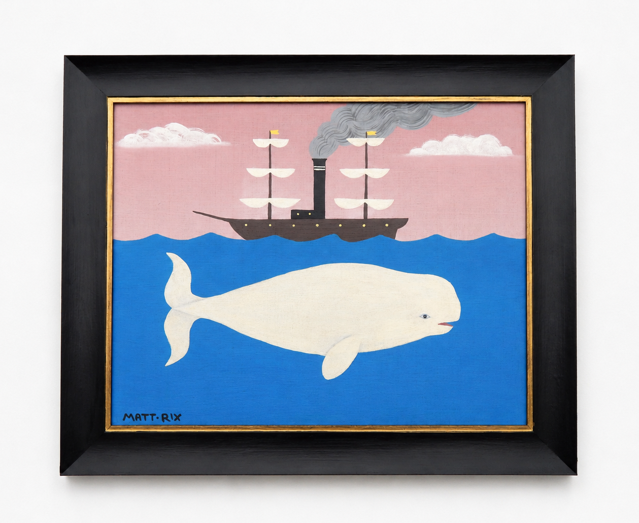 Framed artwork of a whale and a ship on a blue and pink background