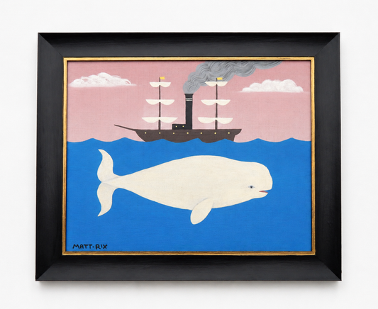 Framed artwork of a whale and a ship on a blue and pink background