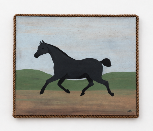 Painting of a black horse running on a landscape with green hills and a blue sky.
