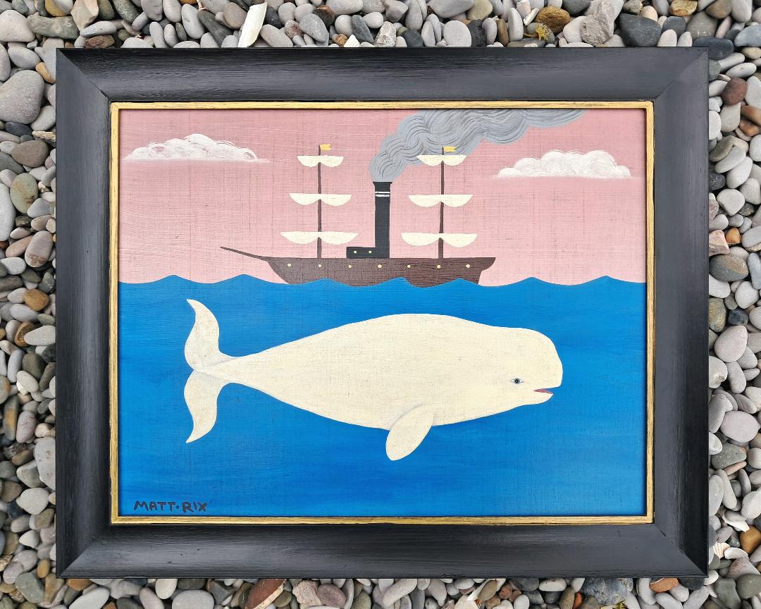 Framed artwork of an beluga whale on a white background
