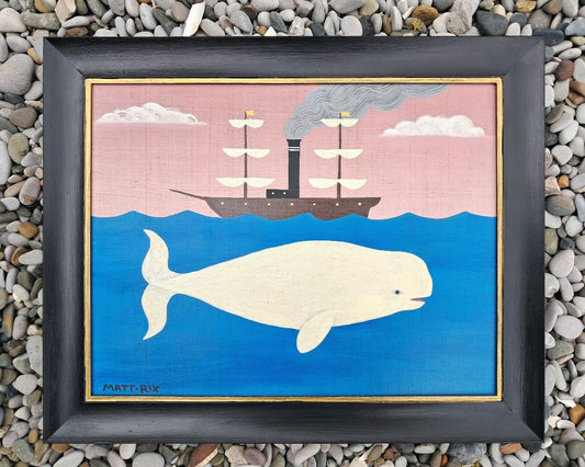 Framed artwork of an beluga whale on a white background