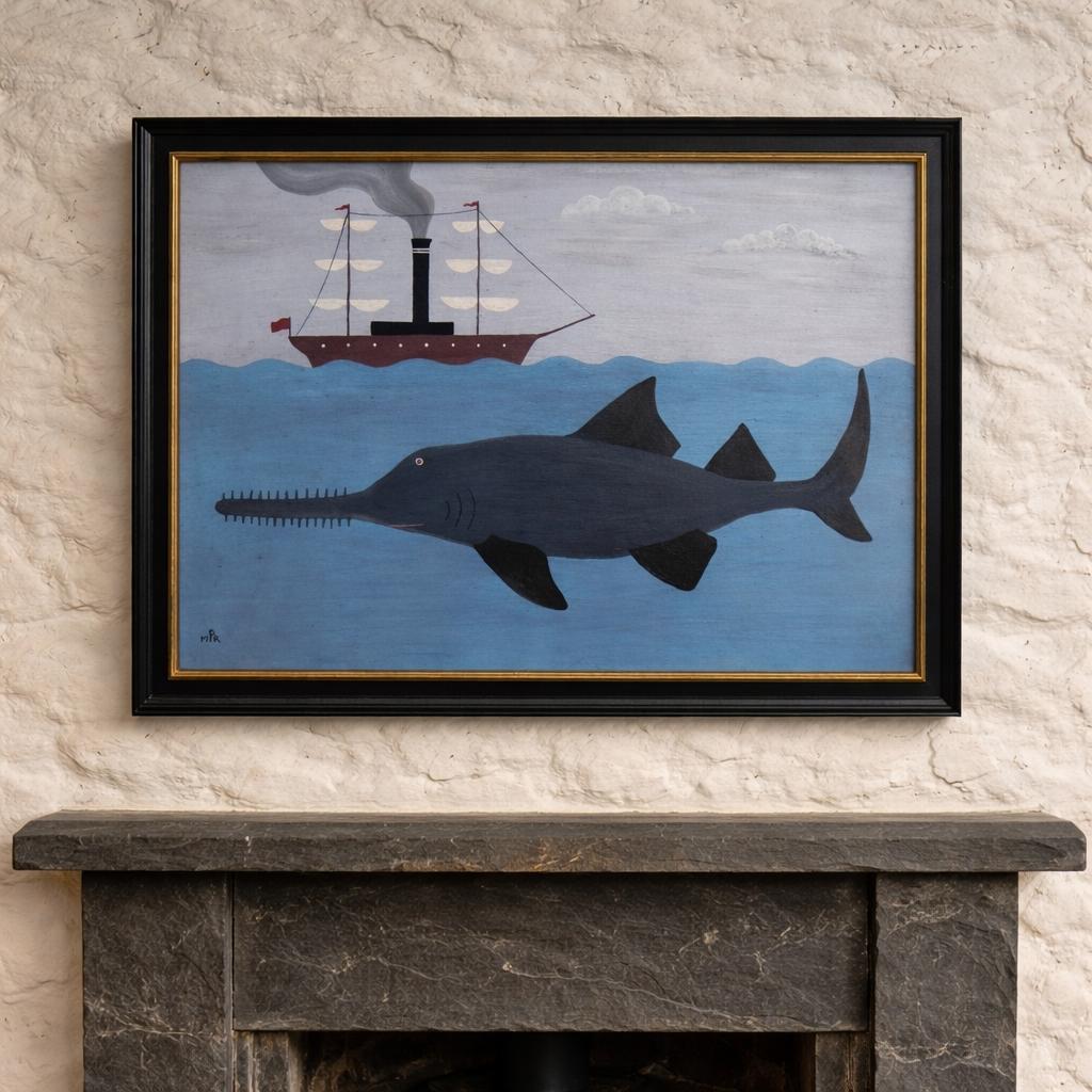 Framed artwork of a sawfish and ship on a blue background, displayed above a fireplace.