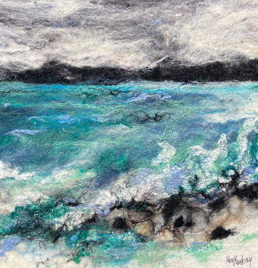 An abstract coastal landscape artwork showing textured turquoise, teal, white, gray, and black brush-like forms, with a dark band across the upper middle and a signature in the lower right corner.