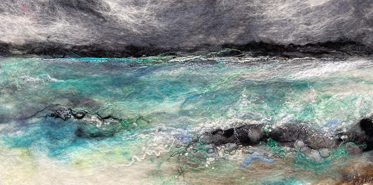 Abstract textured painting depicting a dramatic seascape with dark stormy gray clouds, turquoise and teal ocean water, white foam, and dark rocky shoreline details.