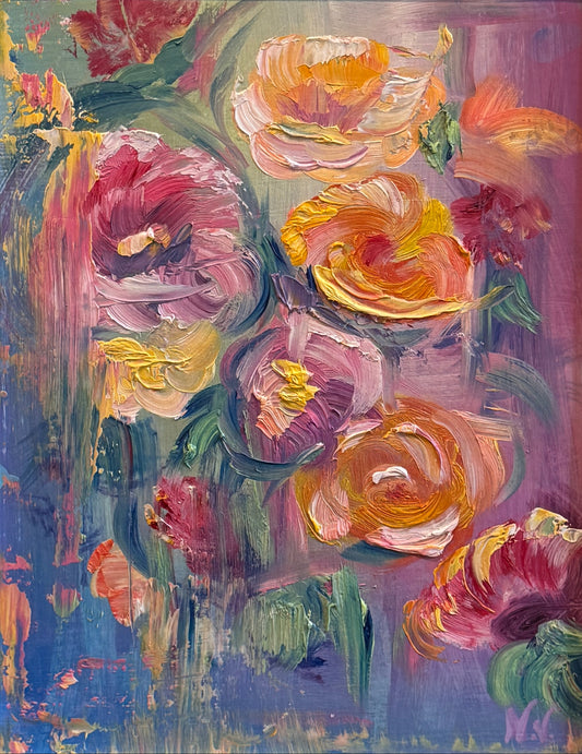 an abstract textured painting of flowers