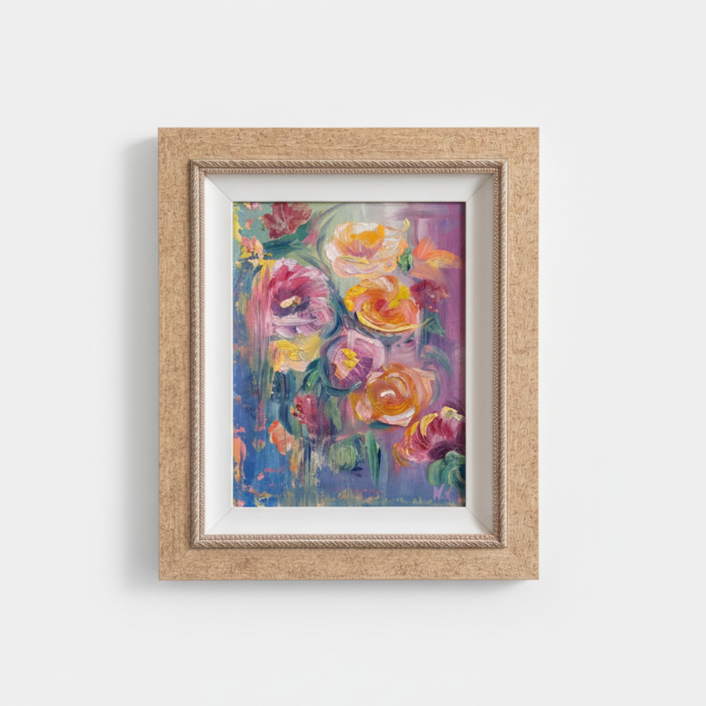 Framed painting of flowers on a white wall