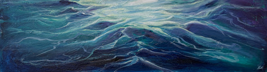 Framed abstract artwork with wavy blue patterns on a textured wall.