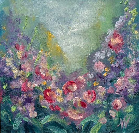 Framed abstract painting with floral elements on a textured surface