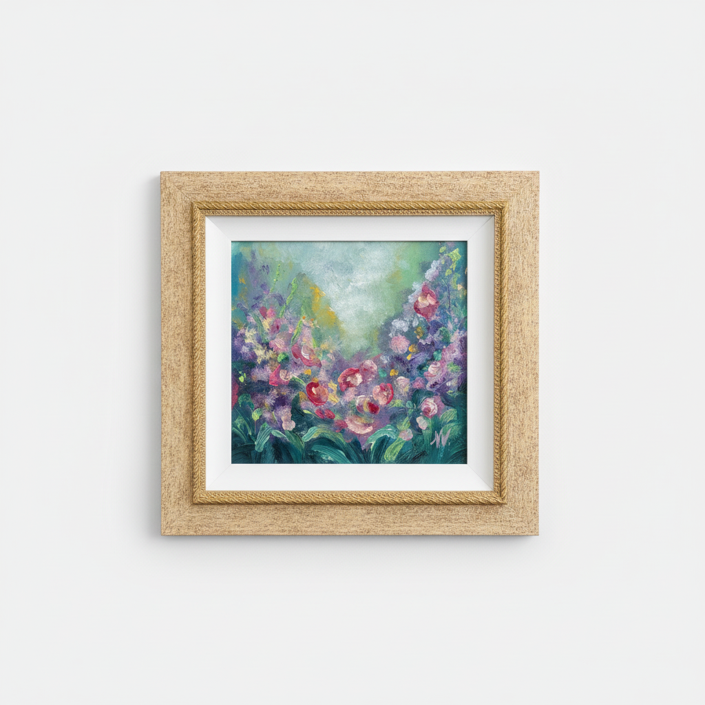 Framed abstract painting with floral elements on a white surface