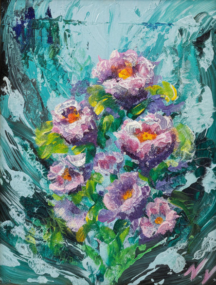 Abstract painting of pink flowers with a colorful background