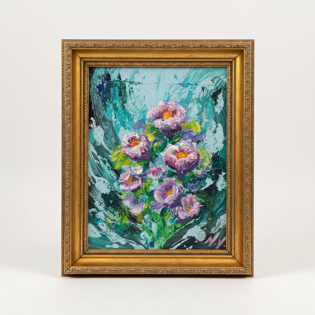 Framed painting of flowers on a white wall