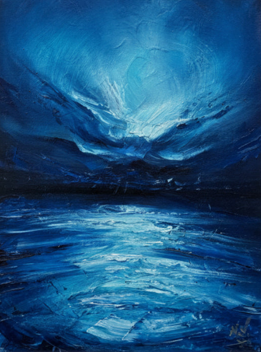 Abstract painting of a blue seascape with light at the moon glow at the centre