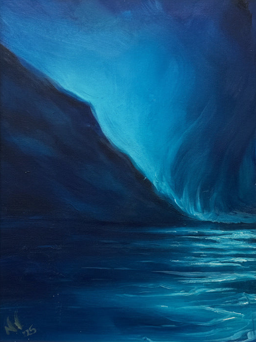 Artistic depiction of a large blue glacier with a mountainous landscape.