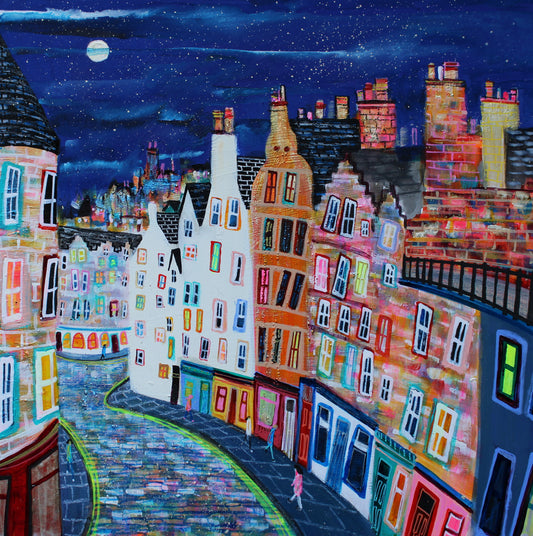 Colorful painting of Edinburgh's colourful Victoria street at night with illuminated buildings.