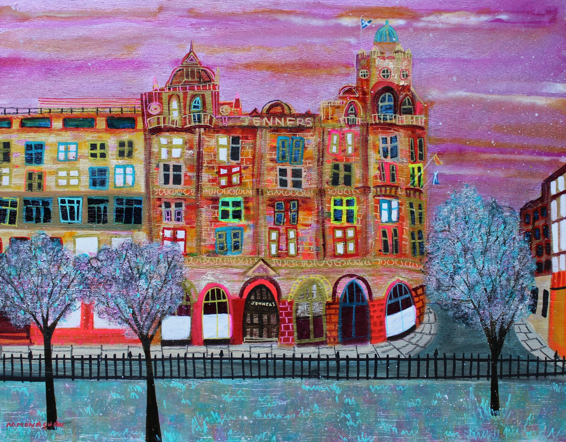 Colorful painting of a city street in Edinburgh with the old Jenners building and trees