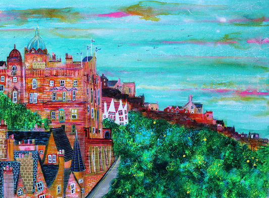 Colorful painting of an Edinburgh cityscape with buildings and greenery