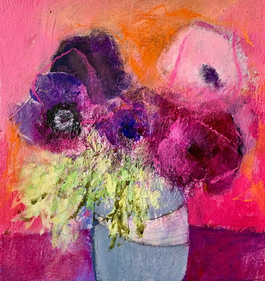 Abstract painting of flowers with a pink background