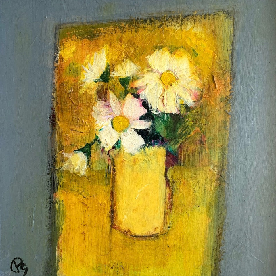 Painting of flowers in a yellow vase on a textured surface