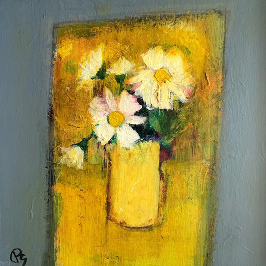 Painting of flowers in a yellow vase on a textured surface