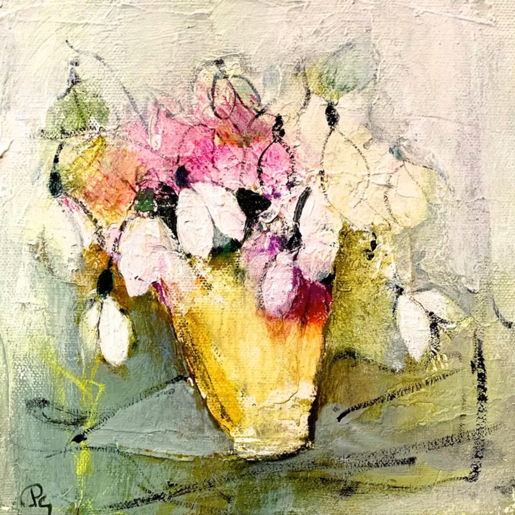 Abstract painting of a vase with flowers on a textured background