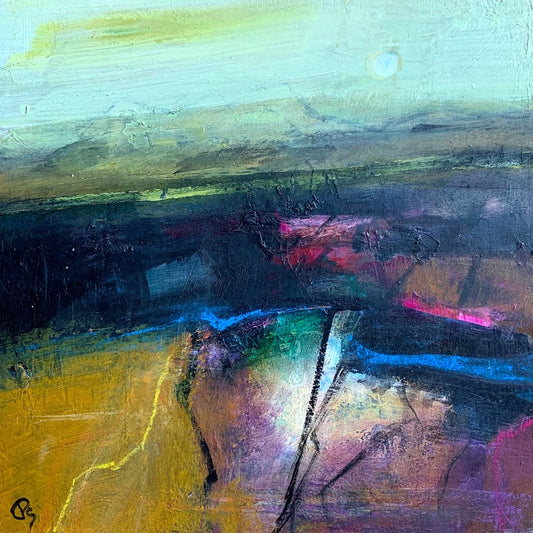 Abstract landscape painting with a mix of colours and textures
