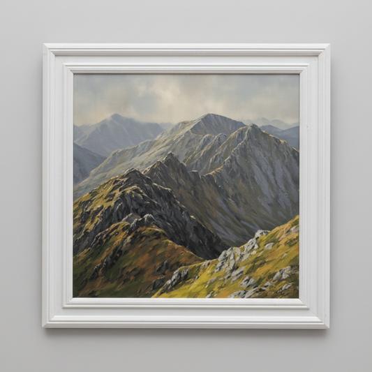 a framed painting of a mountain ridge